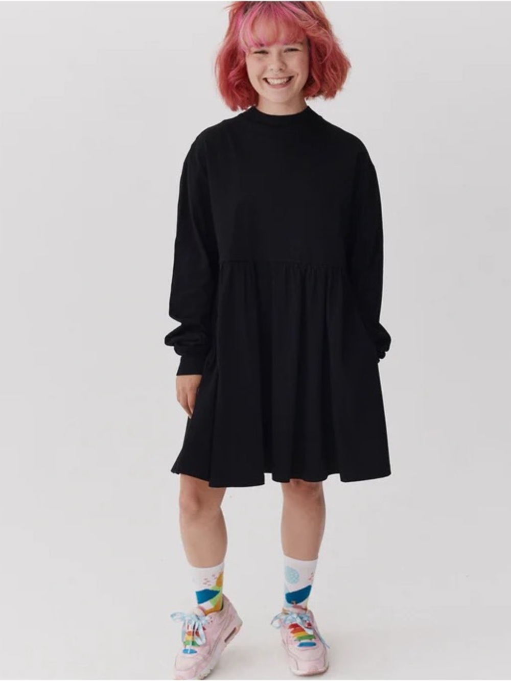 lazy oaf sally smock dress long sleeve black mock neck NWT